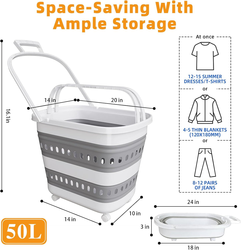 50L Collapsible Plastic Laundry Basket Hamper with Wheels, Foldable Laundry B...