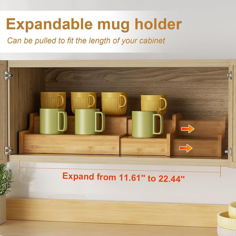 2-Tier Expandable Bamboo Coffee Mug Holder, Mug Organizer for Kitchen Cabinet...