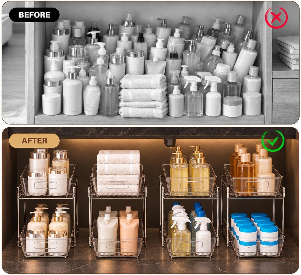 4 Pack Pull Out Bathroom Under Sink Organizer, Clear 2-Tier Cabinet Storage