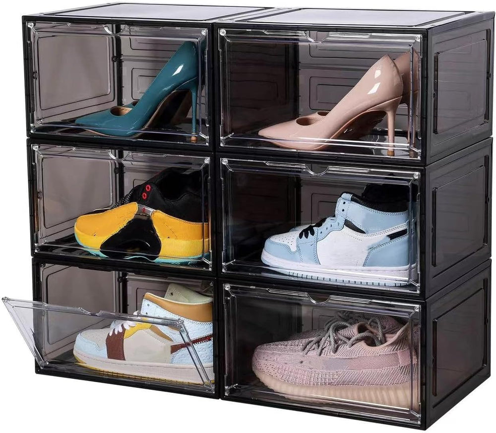 Attelite Large Shoe Boxes 6 Pack Drop Side Shoe Storage Containers Black