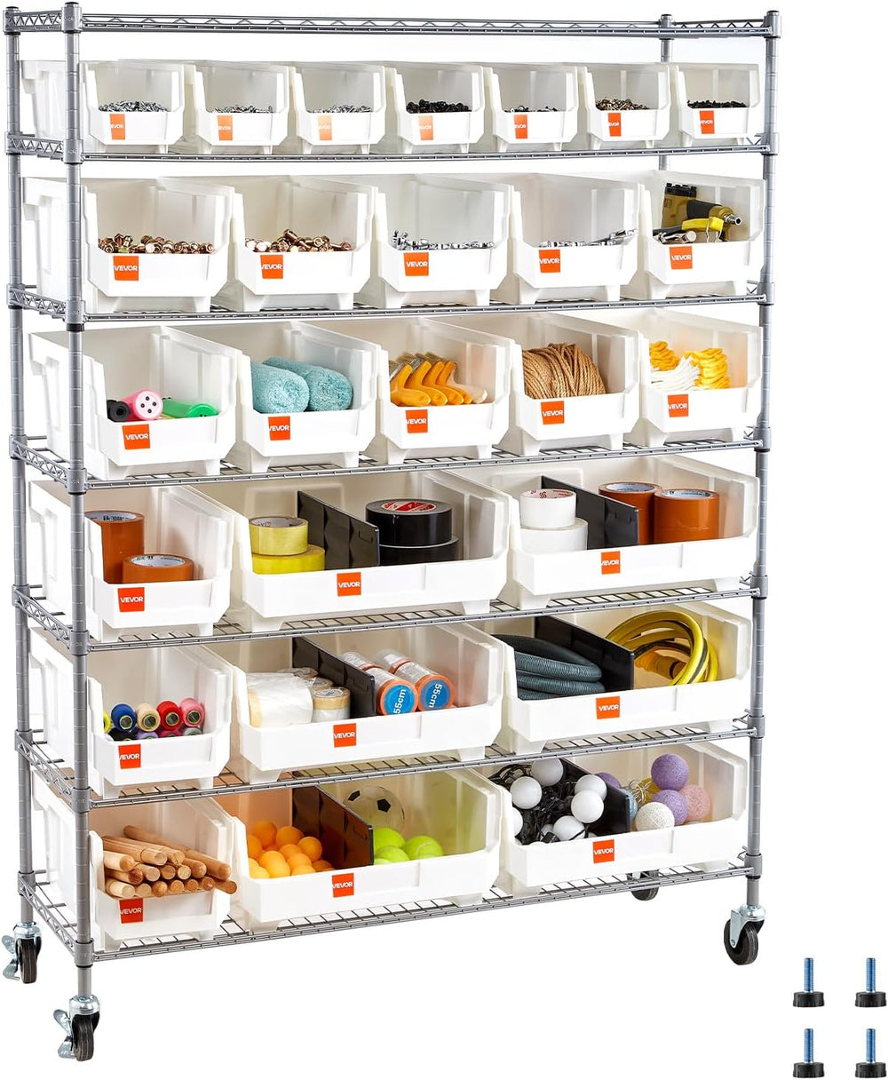 VEVOR 7-Tier Rolling Bin Storage Rack, 26 Organizer Bins, Bin Rack Storage St...