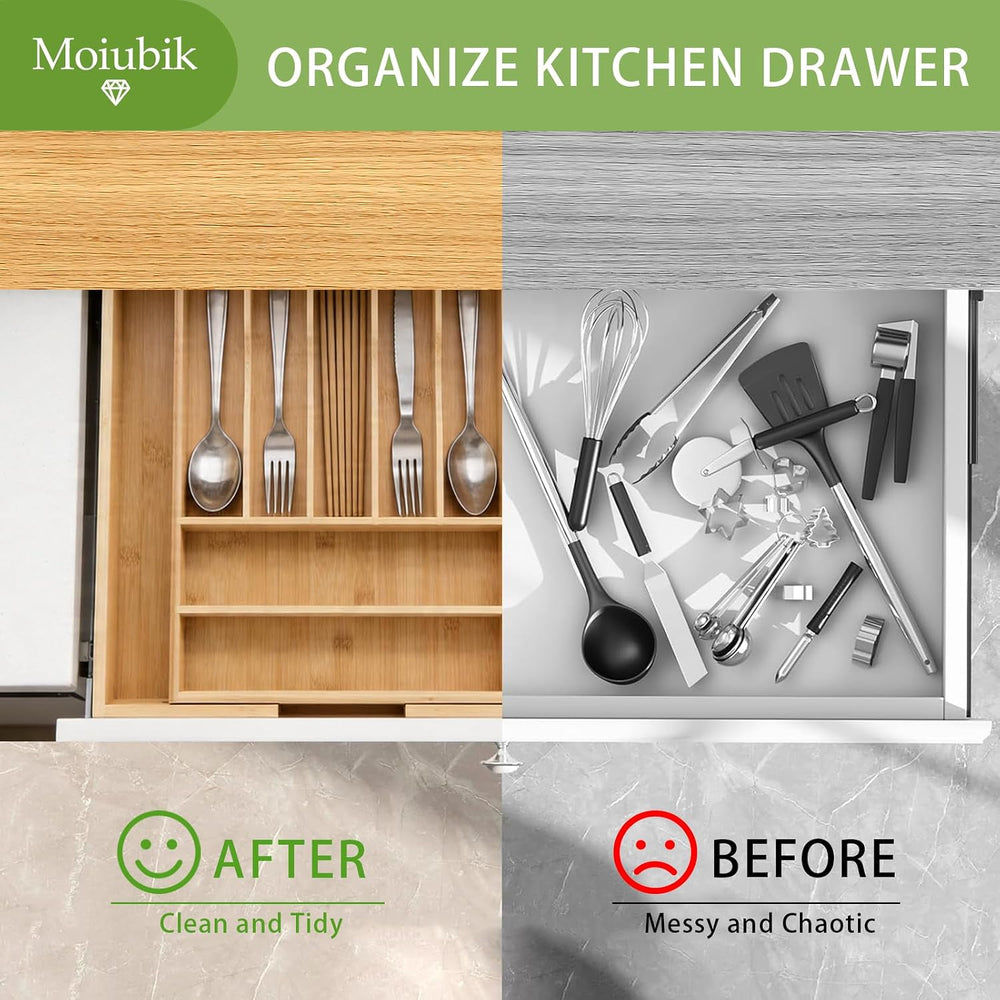 Bamboo Expandable Silverware Drawer Organizer, Adjustable Utensil Tray Cutler...