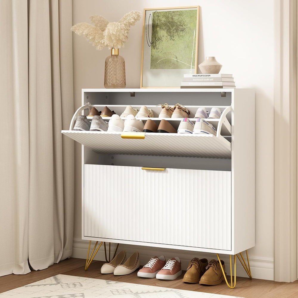 Fluted Shoe Cabinet with 2 Flip Drawers, Gold Handle and Metal Legs, White丨Fl...