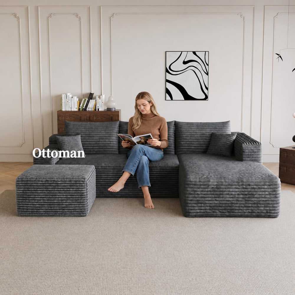 25.6" Corduroy Ottoman for Living Room,Plush Upholstered Ottoman for Cou...