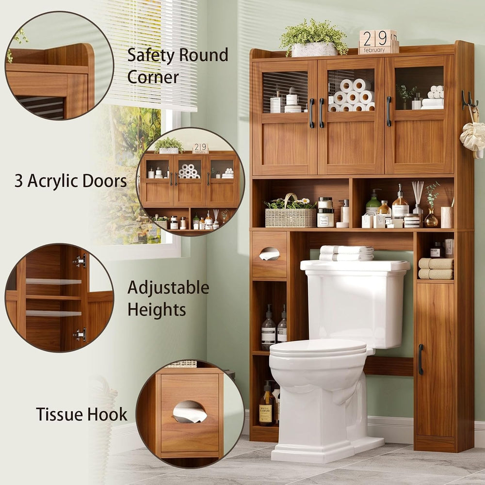 Vabches Farmhouse Over The Toilet Cabinet with 3 Acrylic Doors,Walnut