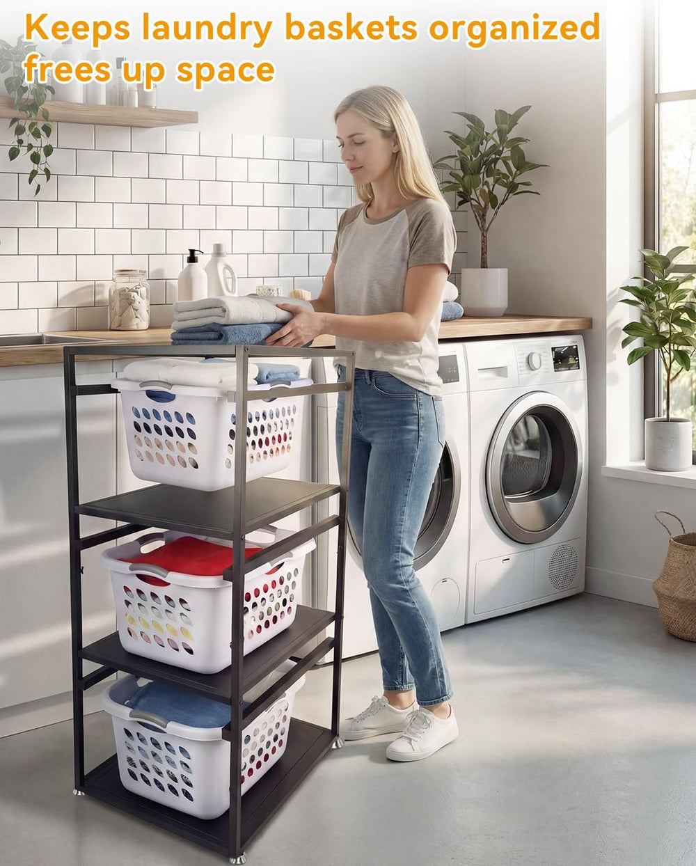 Laundry Basket Holder Shelf, 3-Tier Metal Laundry Basket Organizer with Wheel...