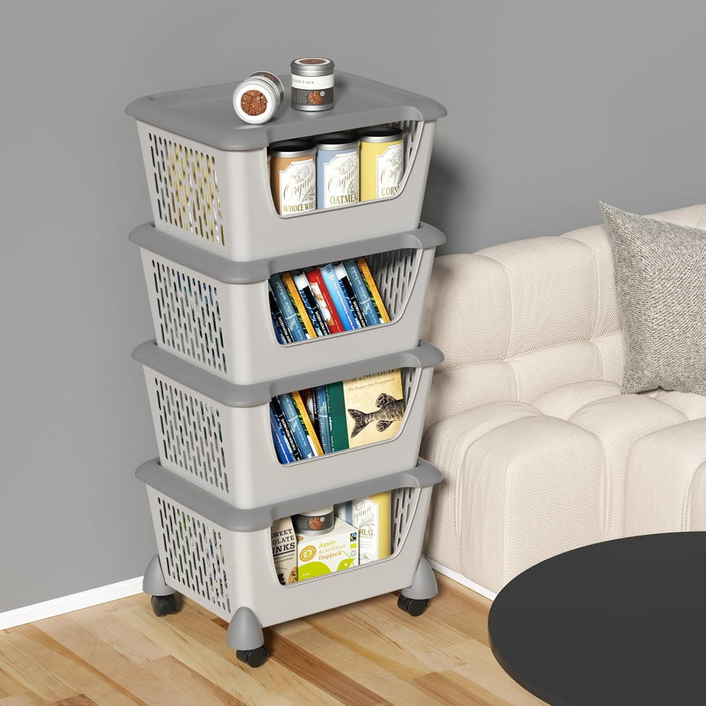 Plastic Stacking Basket with Wheels, Stackable Storage Basket Organizer, 5 Tiers