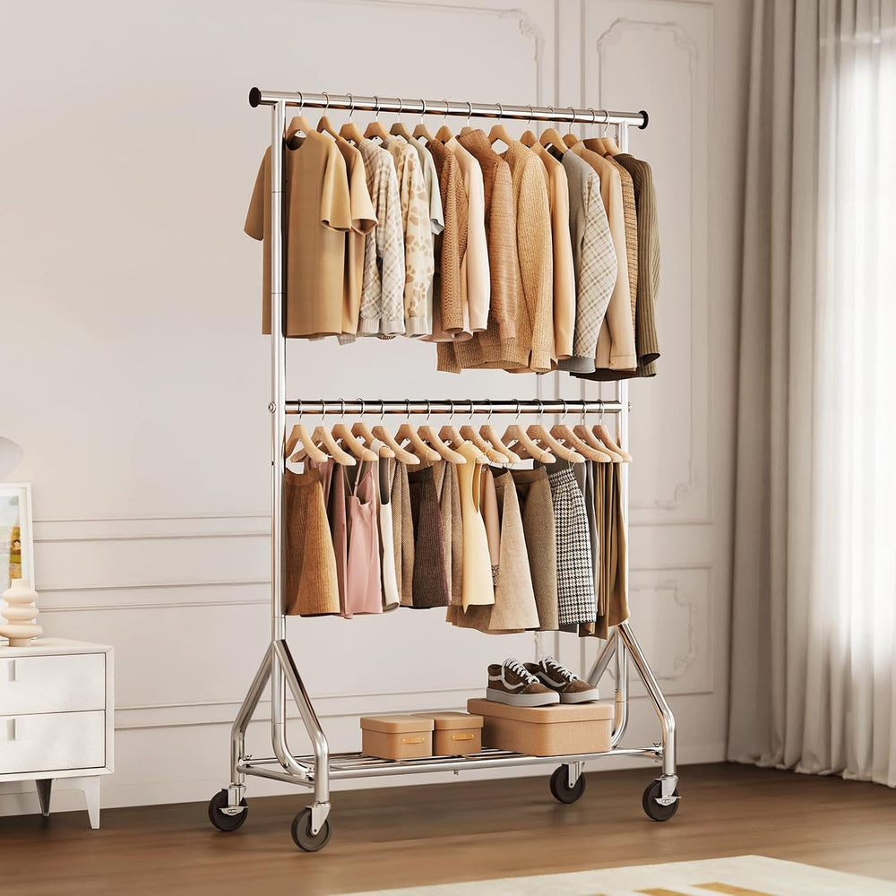 HYSEYY Heavy Duty Clothes Rack, Double Rod Clothing Rack for Hanging Clothes,...