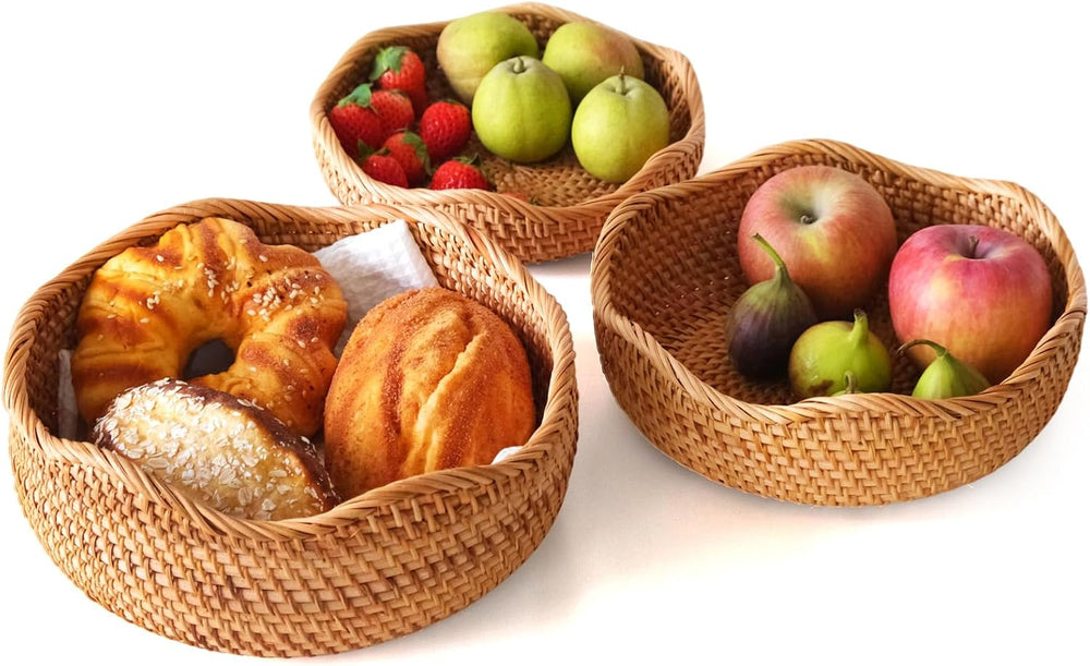 Round Rattan Bread Baskets for Serving, Wicker Fruit Baskets Storage Bowls