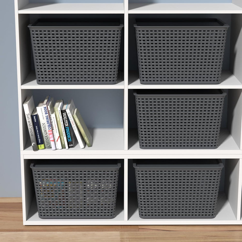 6-Pack Large Plastic Storage Baskets Bins with Lid, Gray