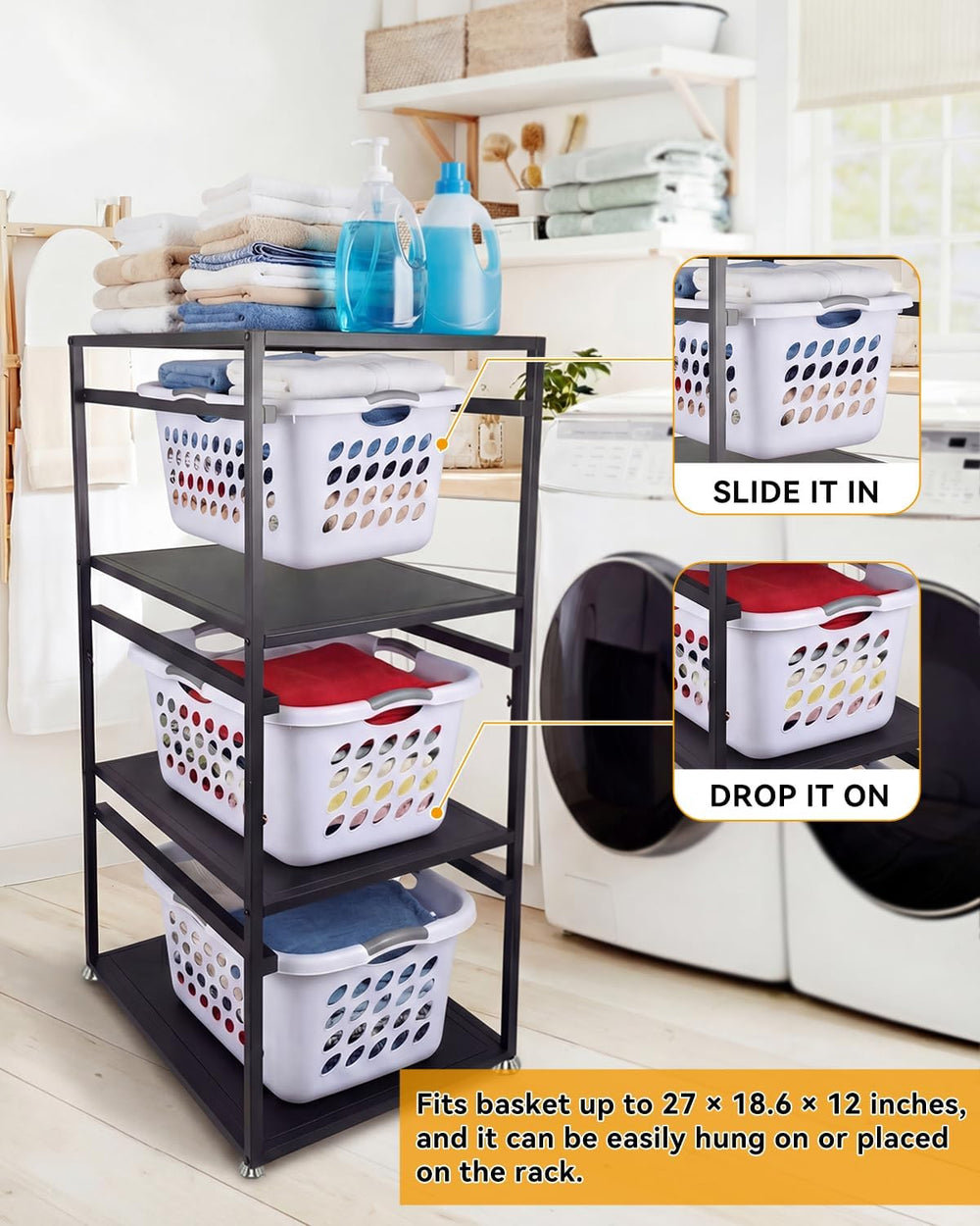 Laundry Basket Holder Shelf, 3-Tier Metal Laundry Basket Organizer with Wheel...