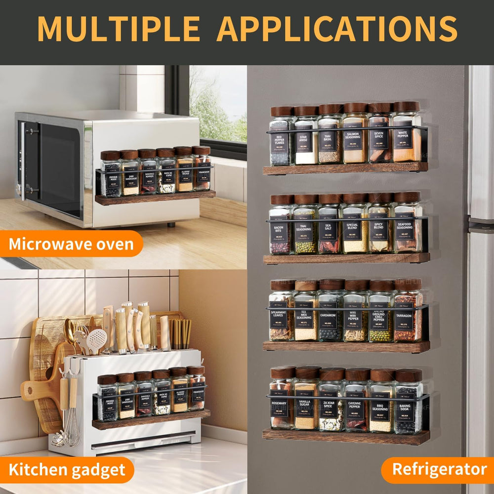 Wooden Lid Magnetic Spice Rack with 24 Jars, 216 Labels, 1 Steel Funnel for R...