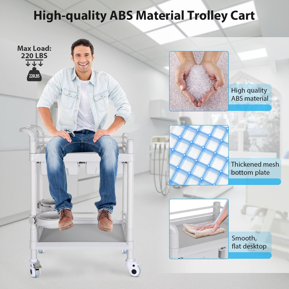 Medical Mobile Trolley Cart 2-Shelf 220 LBS Max Load Rolling Utility Cart