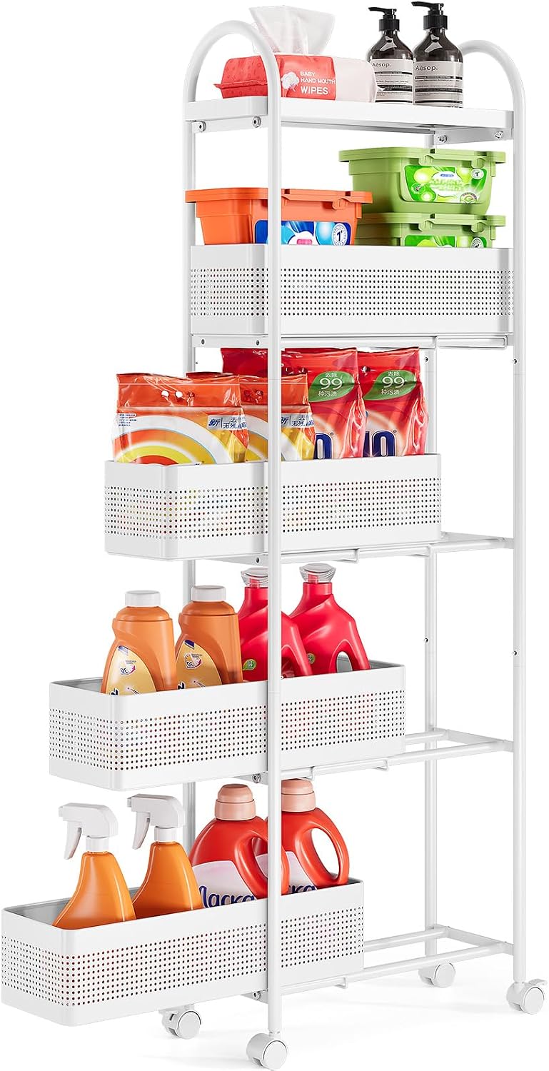 KINGRACK 5 Tier Slim Rolling Cart with Drawer, Metal Utility Storage Cart | 4...