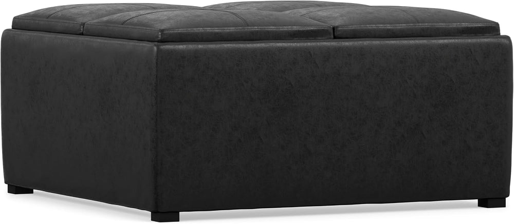 SIMPLIHOME Avalon 35" Wide Vegan Leather Square Storage Ottoman in Black