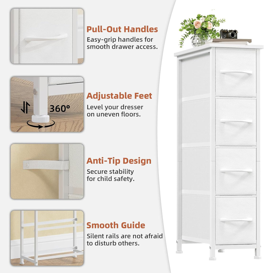 Somdot Narrow Dresser for Bedroom, 4 Drawer Storage Cabinet, White