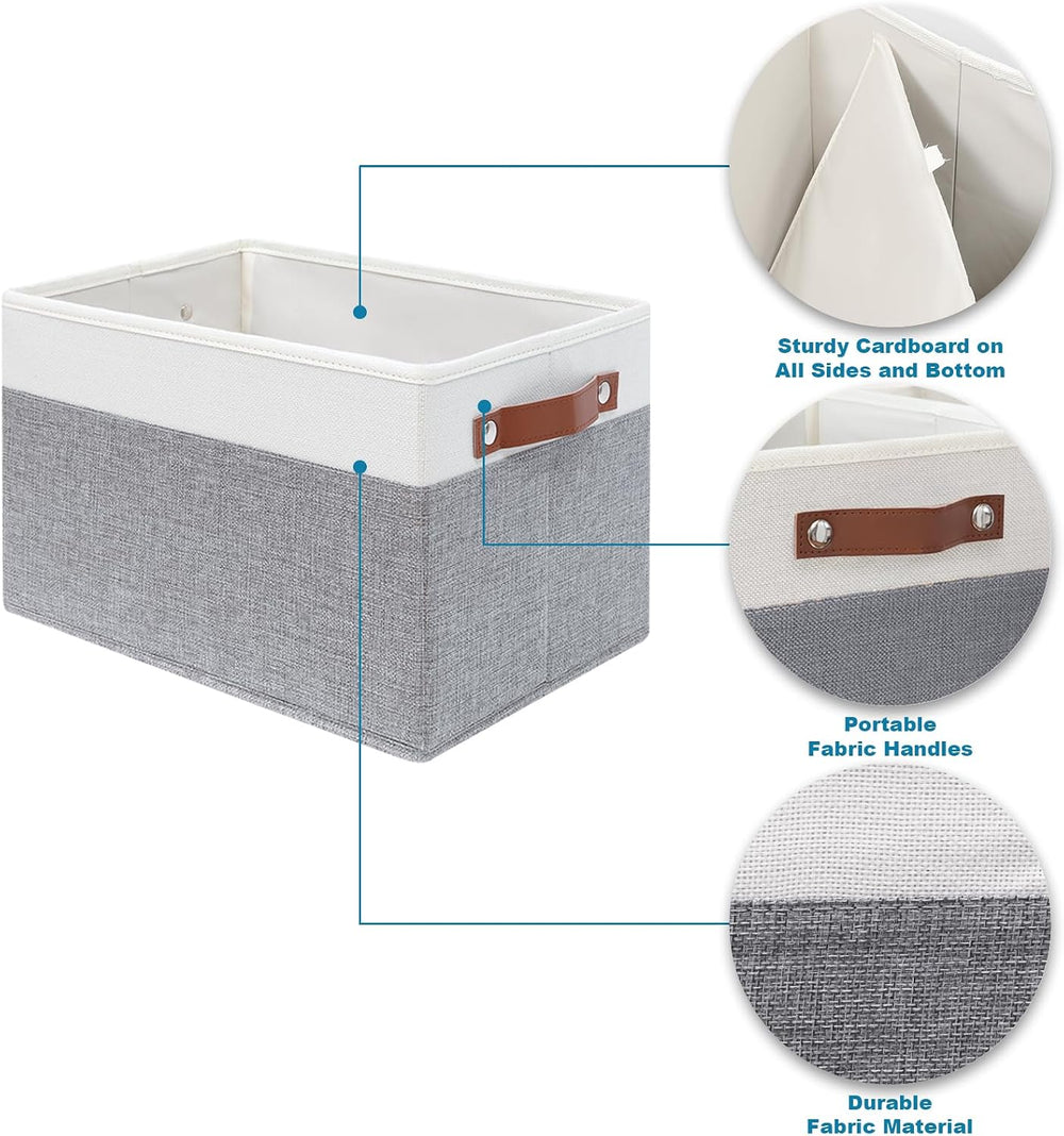 6 Pack Fabric Storage Baskets with Handles (White with Grey,15" L*10.2&q...
