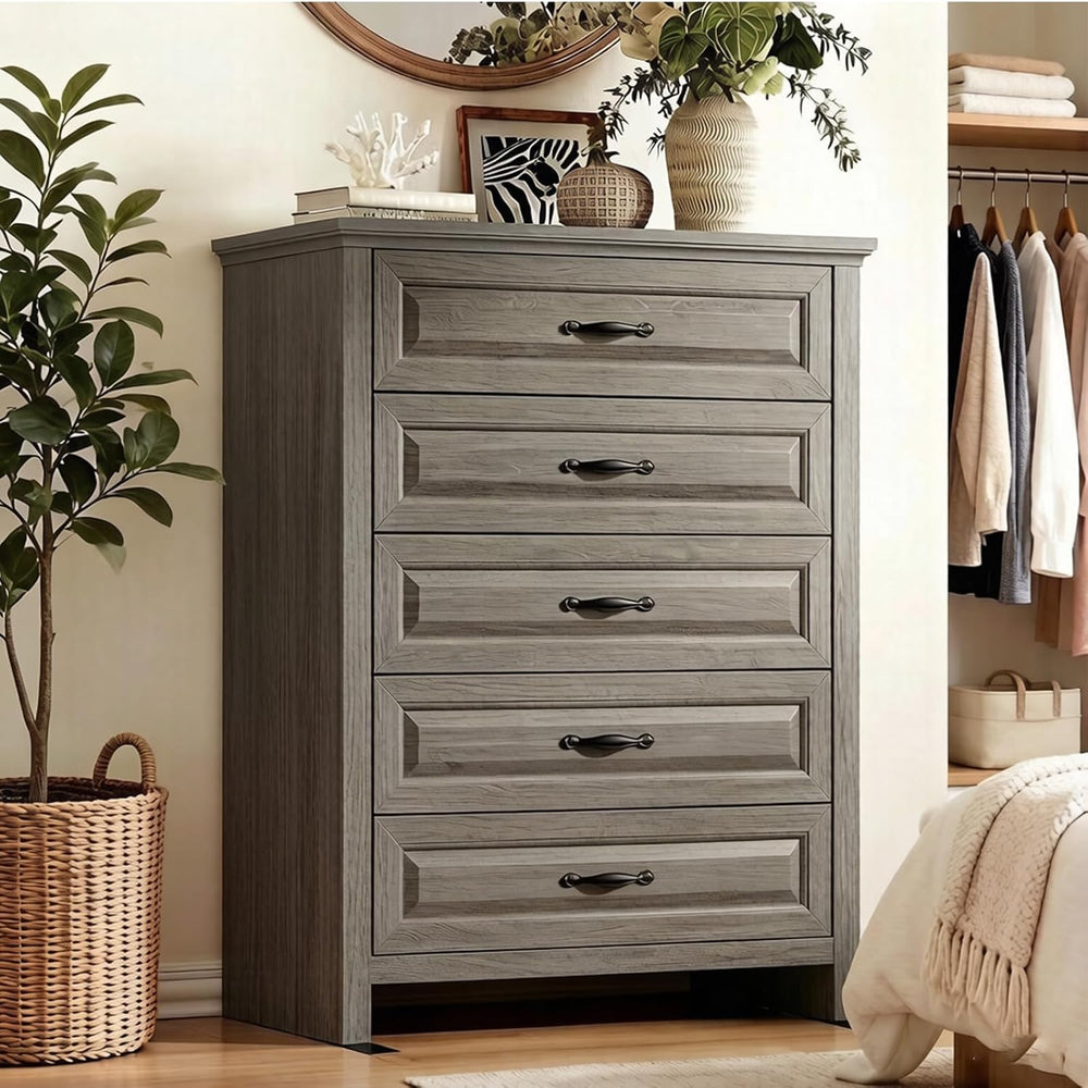 Pipishell 5 Drawers Dresser, 42.7 Inch Tall Wood Chest of Drawers, Gray