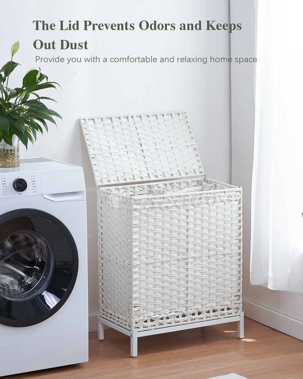 SETVSON Laundry Hamper with Lid, 112 L Handwoven Rattan, Cloud White
