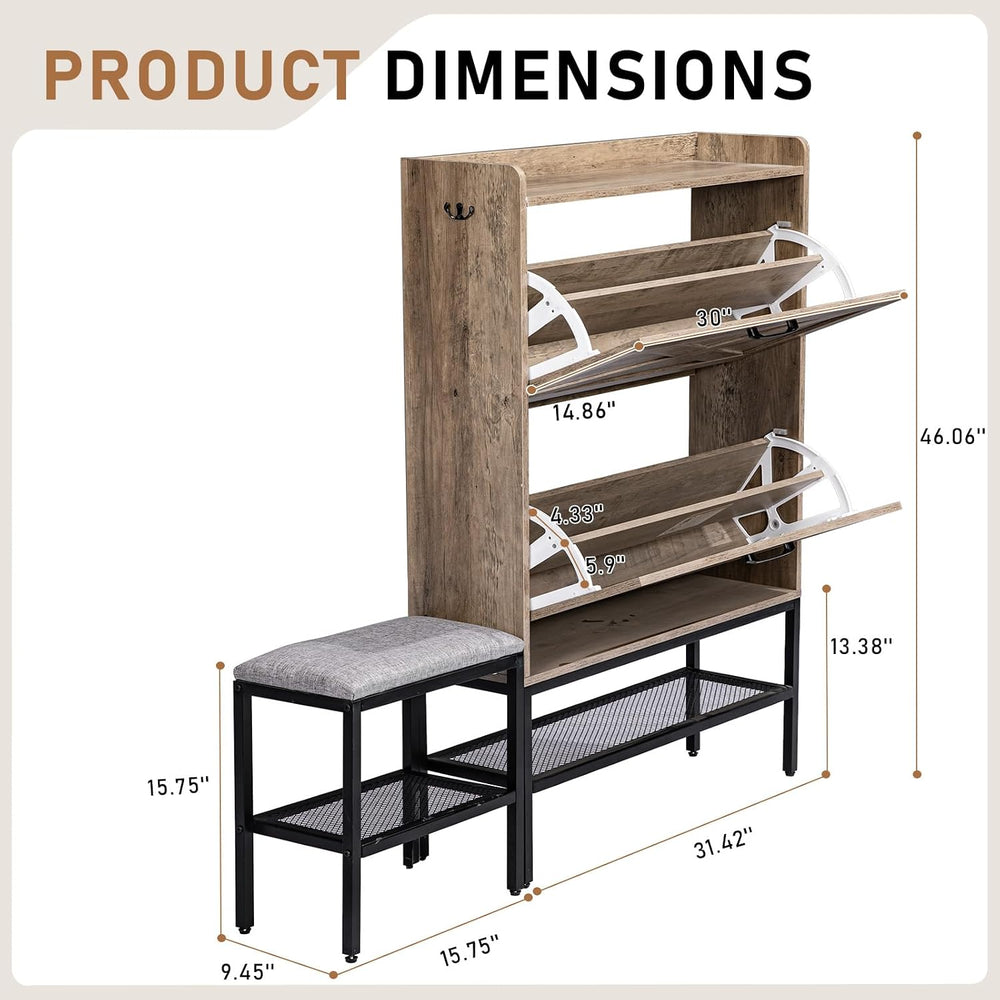 Karl home Grey Farmhouse Shoe Cabinet, Cushioned Entryway Bench Organizer