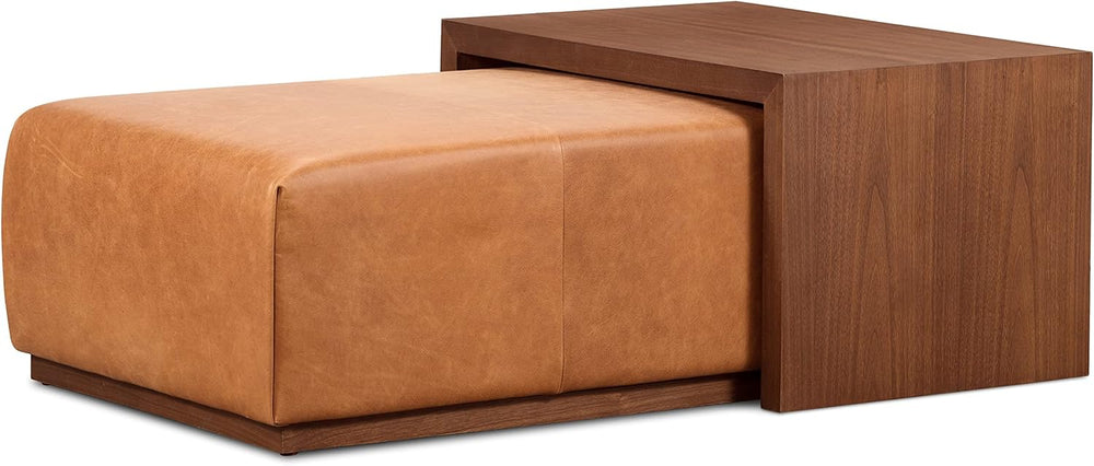 POLY & BARK Jarmo Leather Ottoman with Walnut Table in Full-Grain Pure-An...