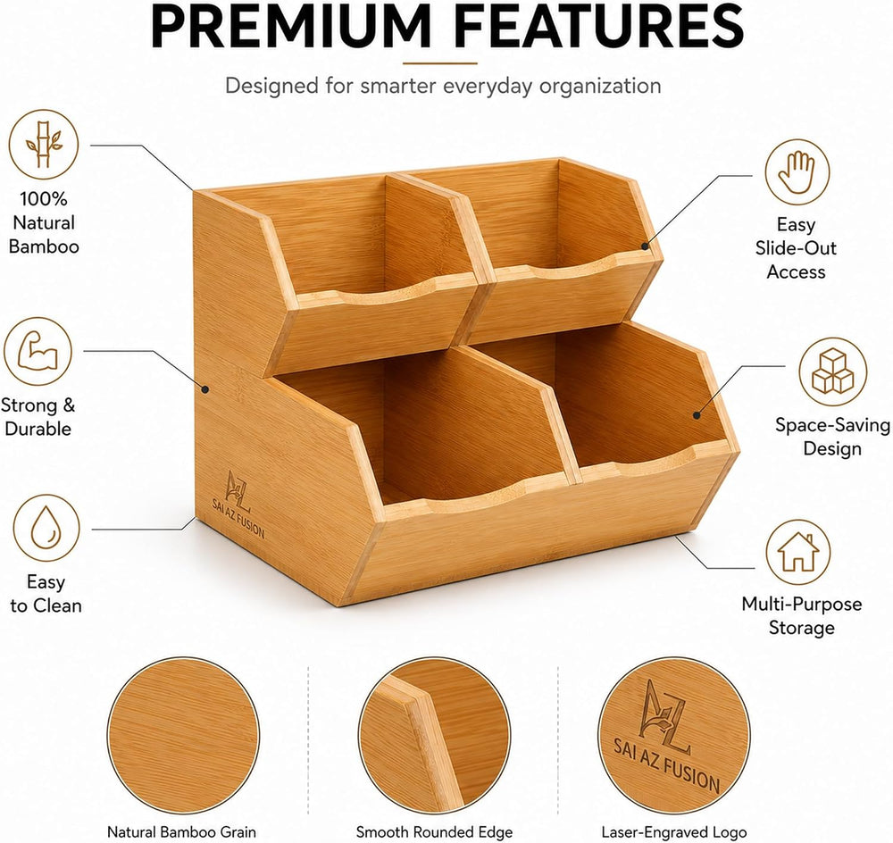 Bamboo Pantry Storage Bins - Set of 4 (2 Large, 2 Small) Stackable Potato and...