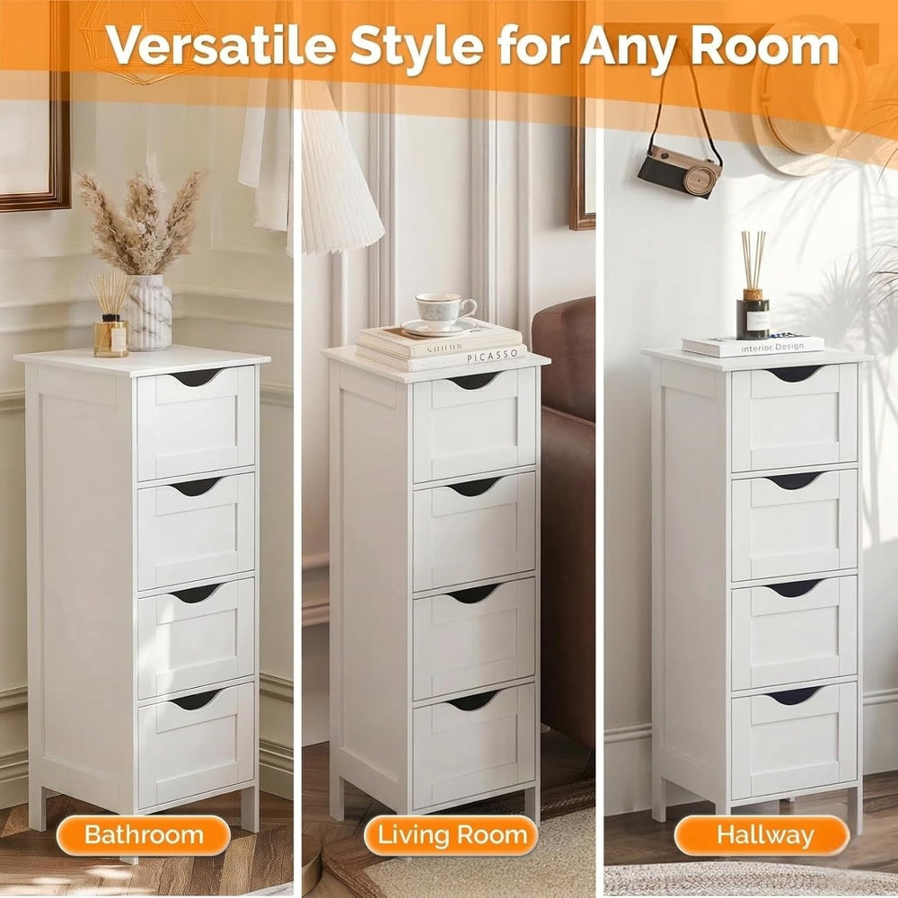 VINGLI White Bathroom Storage Cabinet with 4 Drawers Wooden Freestanding Slim...