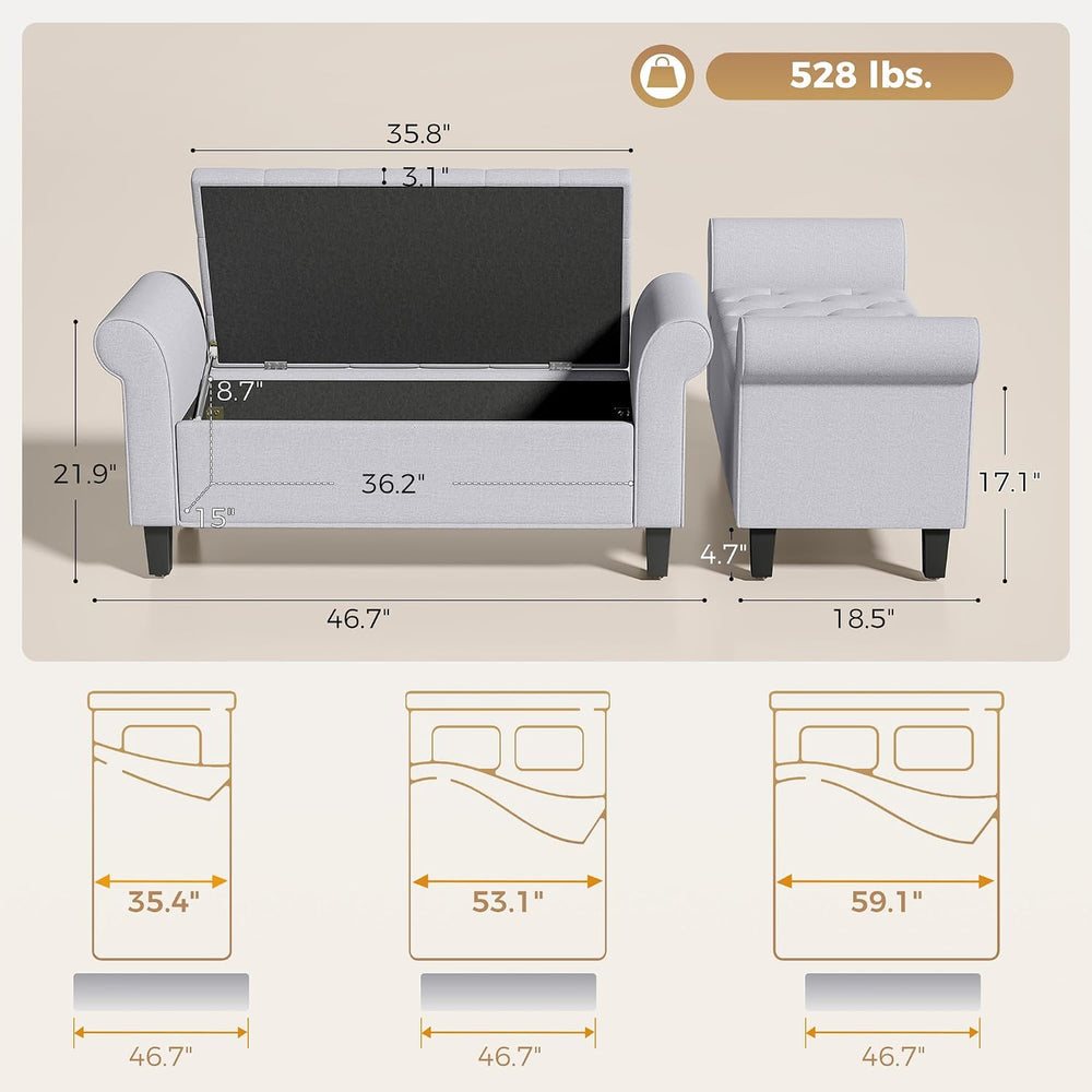 HOMCOM 47" Storage Ottoman End of Bed Bench with Rolled Arms Light Gray