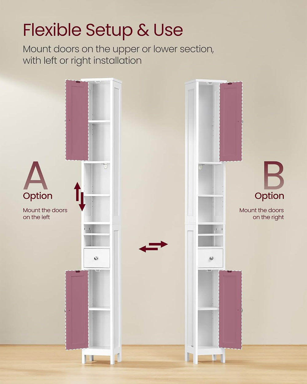 VASAGLE Tall Bathroom Cabinet, Slim Freestanding, Drawer, Open Compartments