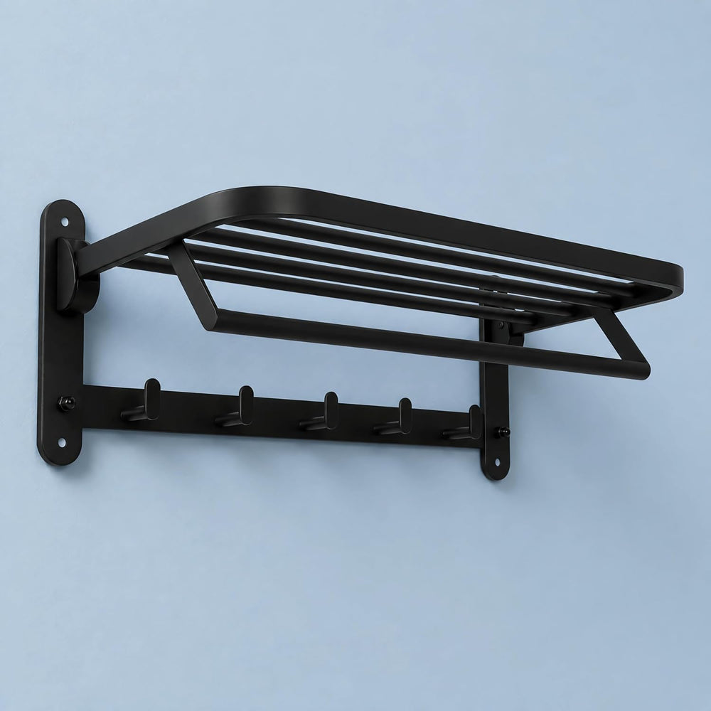 ROSHAN 24 Inch Foldable Towel Rack with Shelf, Wall Mounted, Matte Black
