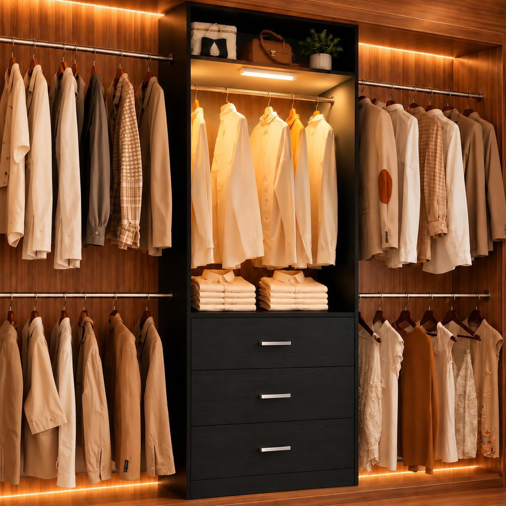 Wooden Closet System With LED Light 11FT Closet Organizer with 3 Wooden Drawe...