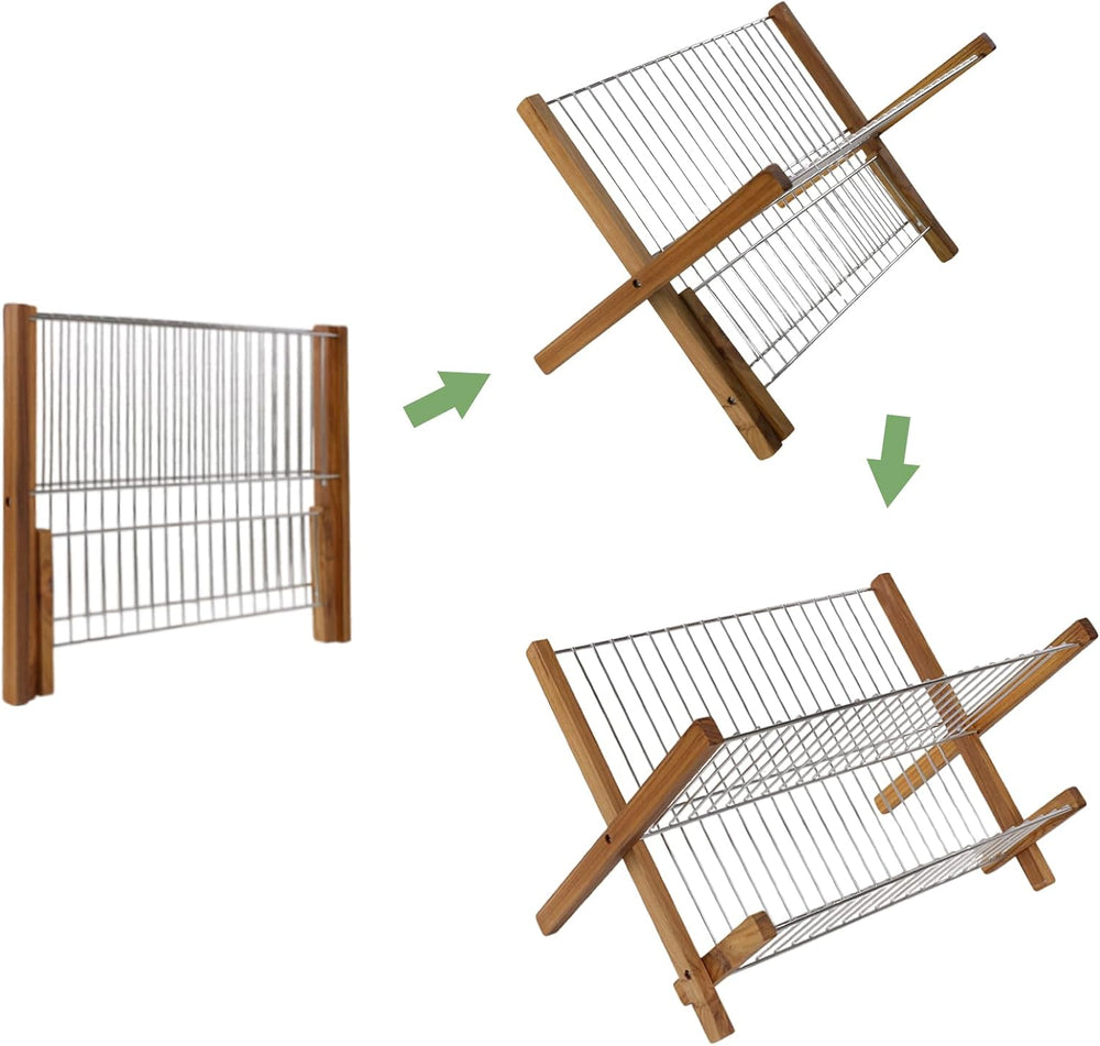 HTB Dish Drying Rack 2 Tier,Stainless Steel & Teak Wood Dish Drying Rack