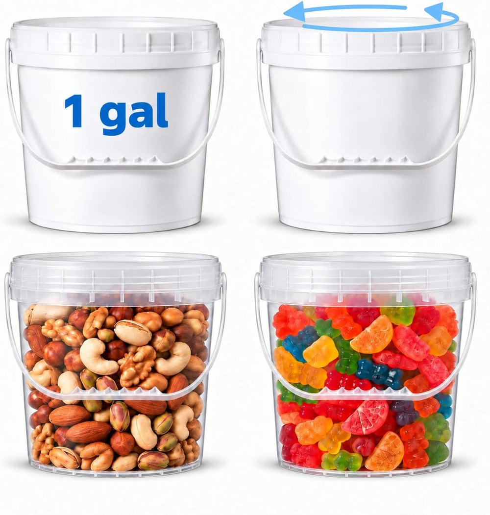 4 Pack 1 Gallon Plastic Buckets with Screw Lids & Handle, 2 Clear + 2 Whi...