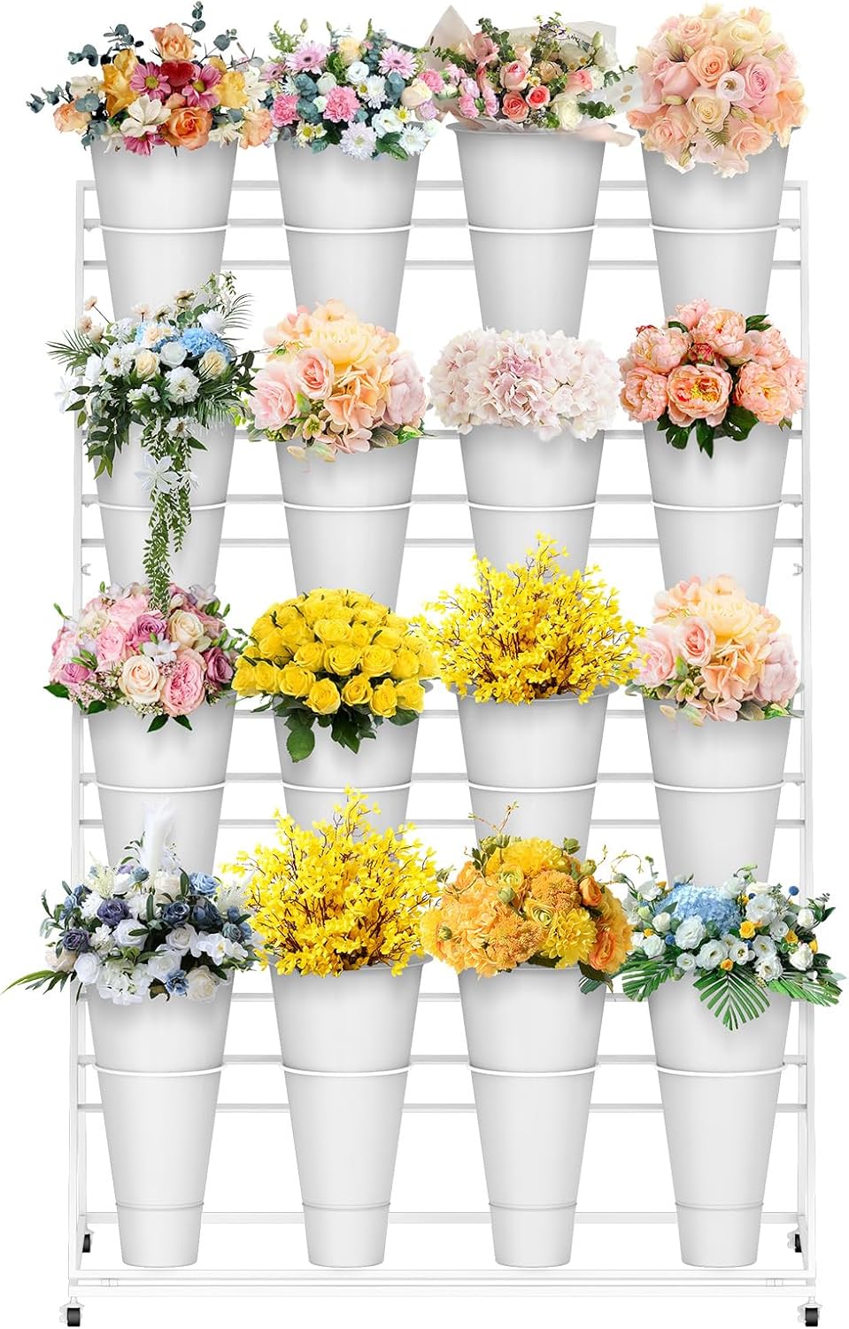 Flower Display Stand, 4 Tier Heavy Duty Moving Plant Cart Shelf with 16 Bucke...
