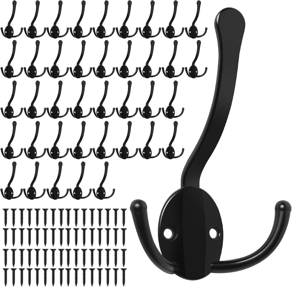 Homanu 40 Pack Black Heavy Duty Three Prongs Large Coat Hooks for Hanging