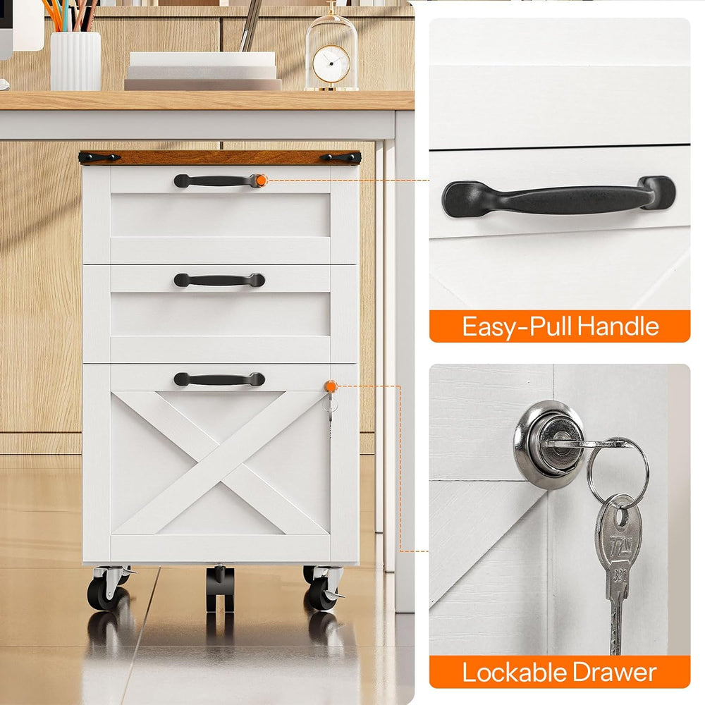 HOOBRO 3 Drawer File Cabinet with Lock, Mobile Farmhouse Filing Cabinet for A...