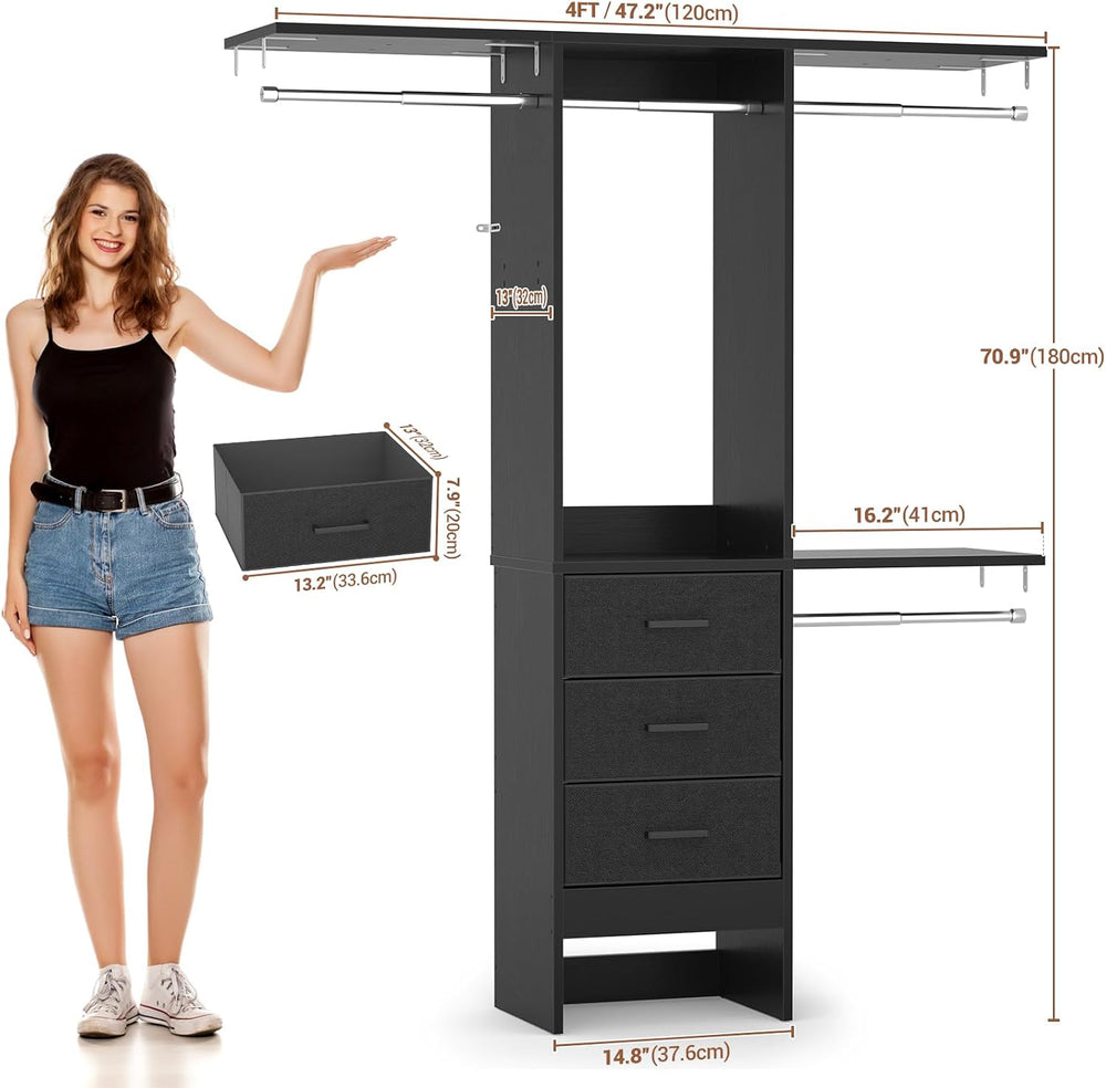 Besiost 4FT Small Closet System with 3 Fabric Drawers, 48'' Closet Or...