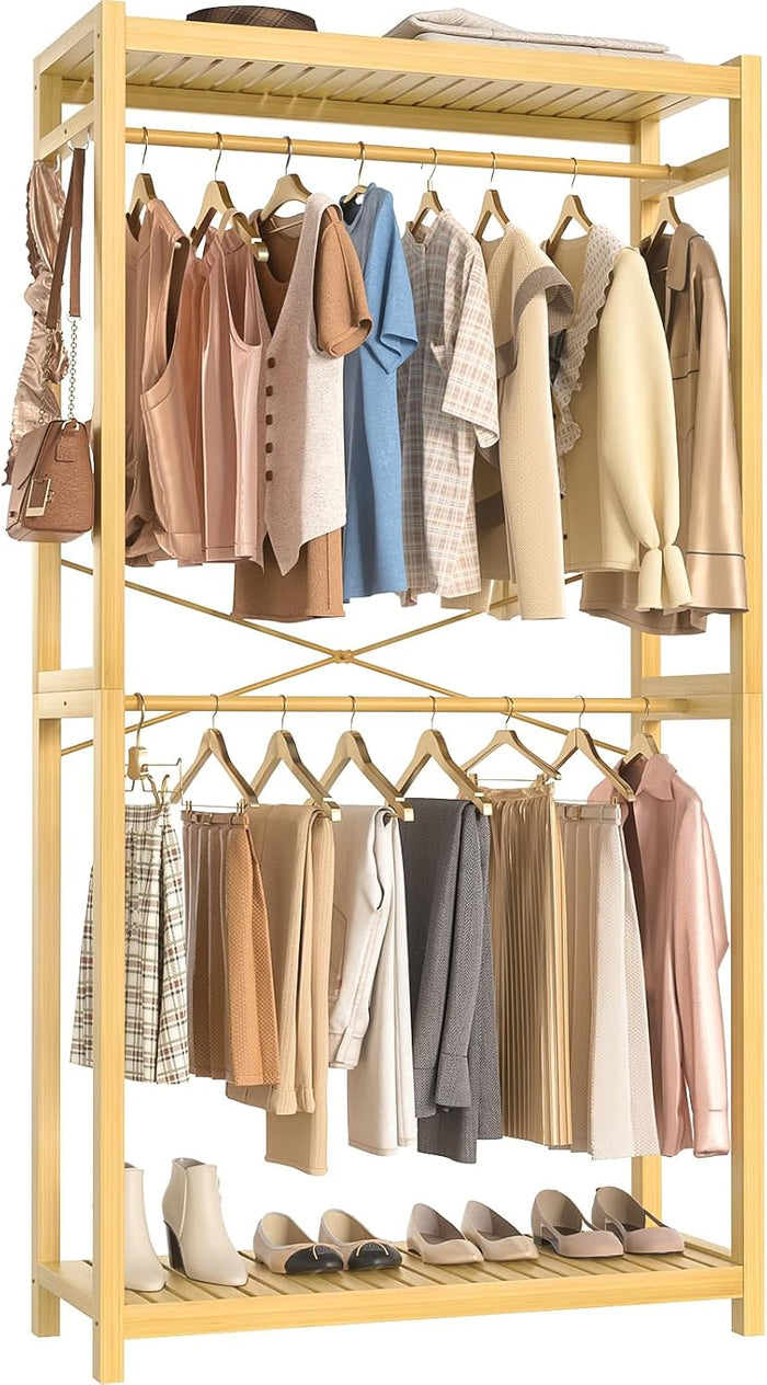 Homykic Bamboo Clothing Rack with Shelves, 33.5” Wide Clothes Rack, 78.8” H