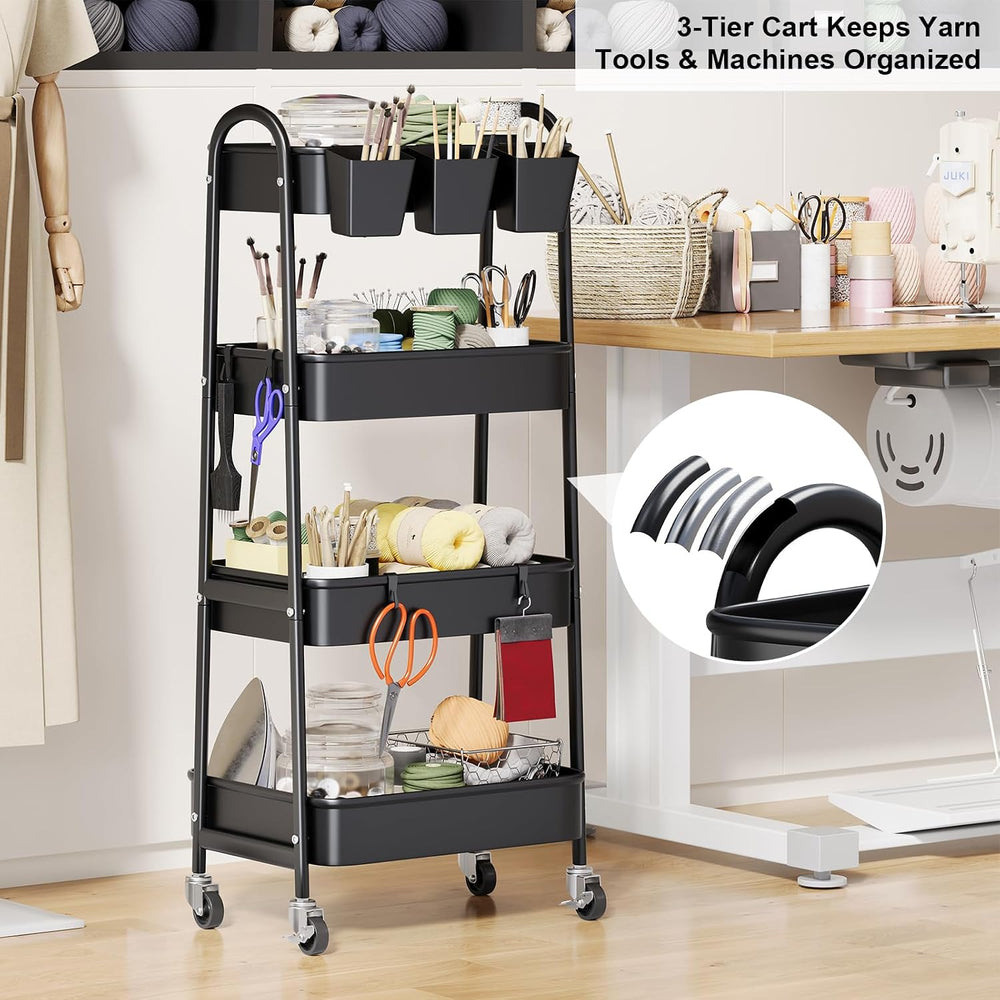 Black 4 Tier Rolling Cart Metal with Lockable Wheels,Four Tiered Dorm Carts