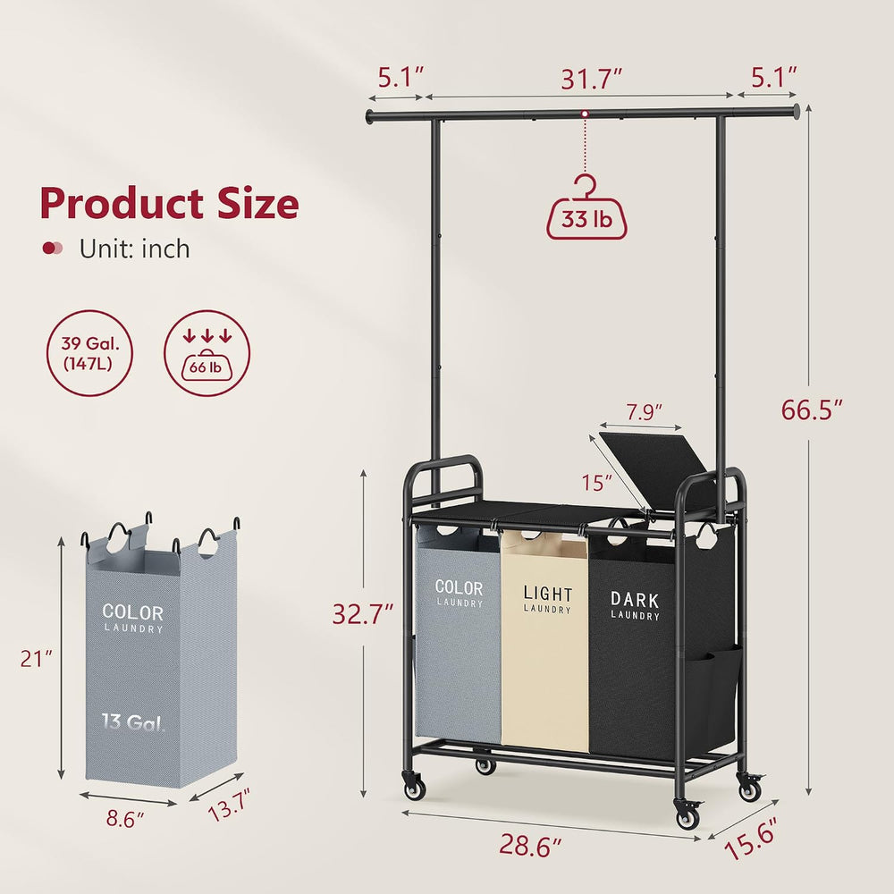 Tajsoon Laundry Sorter with Hanging Bar and Lid, 3 Section, 3 Colors