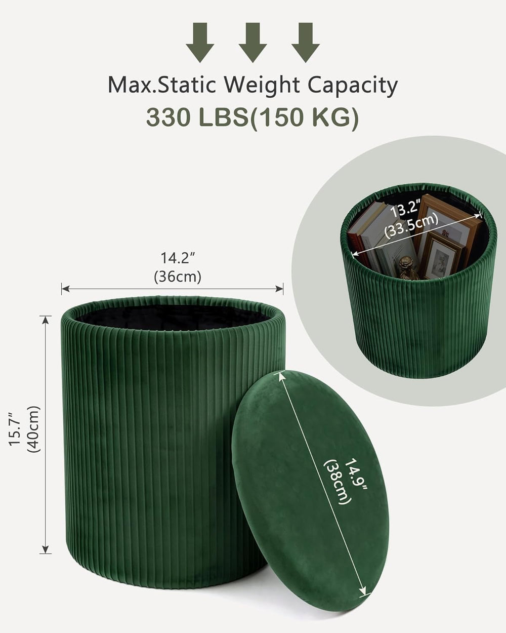LITZFUR Round Ottoman with Storage, Velvet Foot Rest Stool, Green