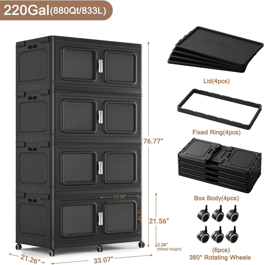 BROVIEW 220Gal Extra Large Storage Bins with Lid and Wheels, Black, 4 Pack