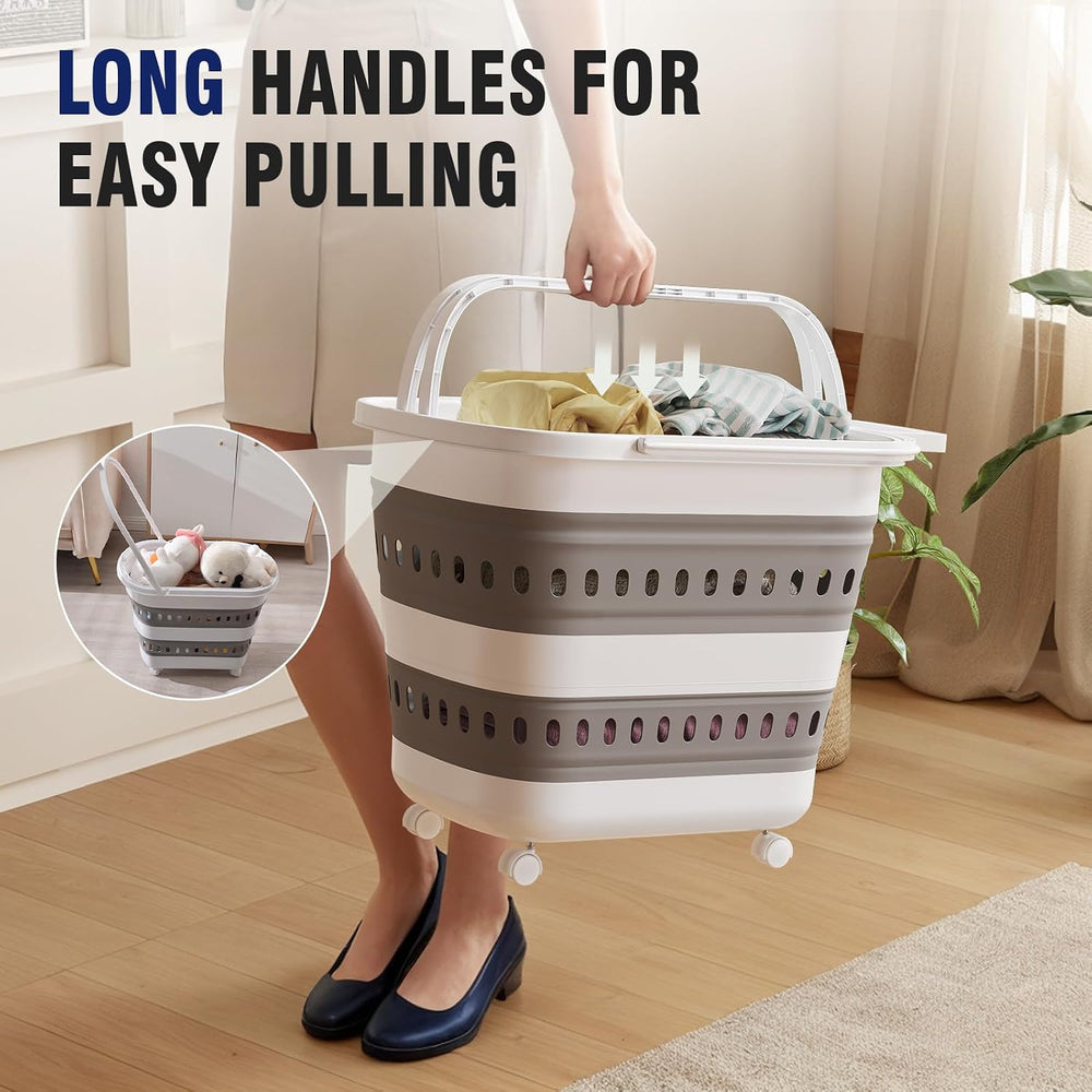 Collapsible Plastic Rolling Laundry Basket Hamper with Wheels, 45L Portable R...
