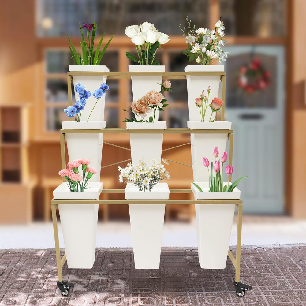 Flower Display Stand with 9pcs Plastic Buckets, 3 Layers Heavy Duty Moving Pl...