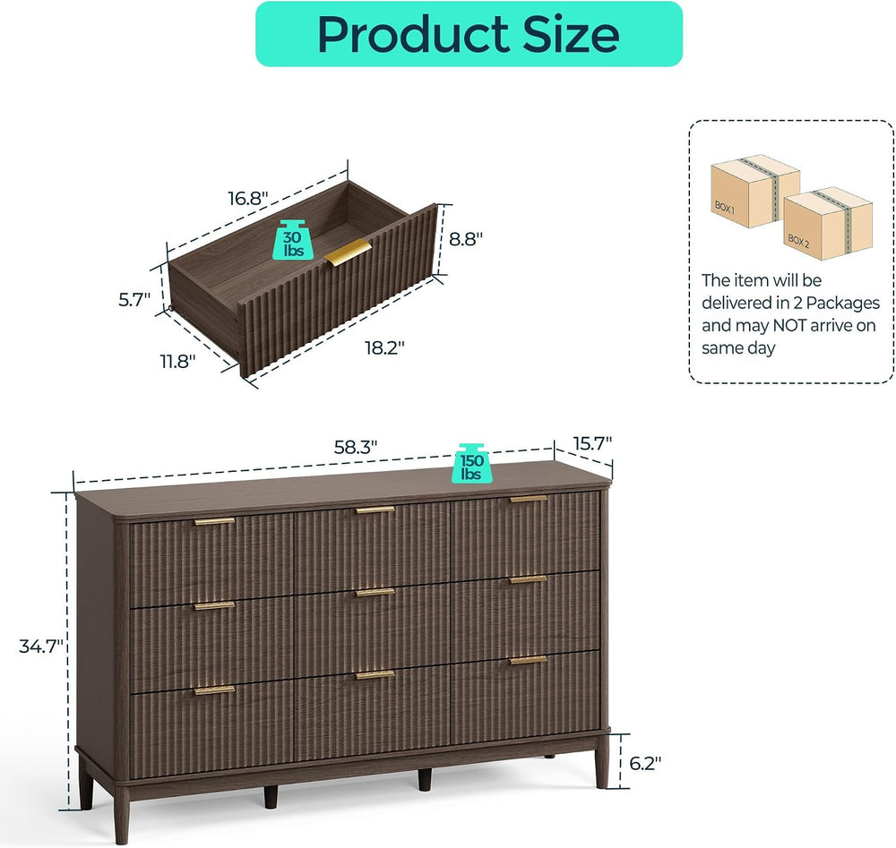 LINSY Fluted 9 Drawer Dresser for Bedroom, 58" Wide Mid-Century Modern T...