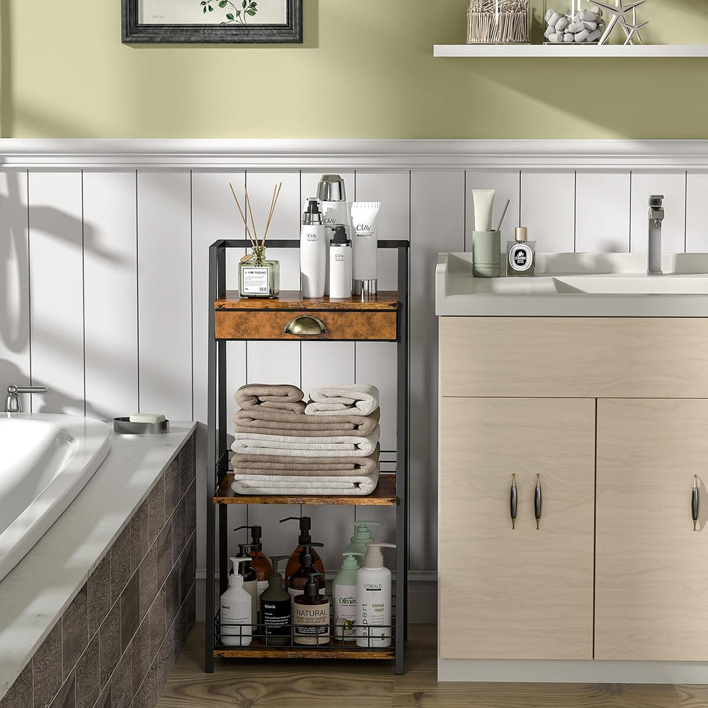 keomaisyto 3-Tier Bathroom Shelves with Canvas Drawer, Floor Bathroom Storage...