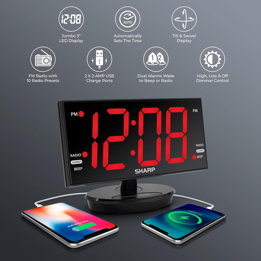 Sharp AccuSet Digital Alarm Clock, 8.9" Tilt/Swivel, FM Radio, Dual USB