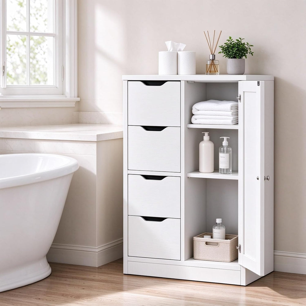 Vongrasig Small Bathroom Storage Cabinet with 4 Drawers & Door, White