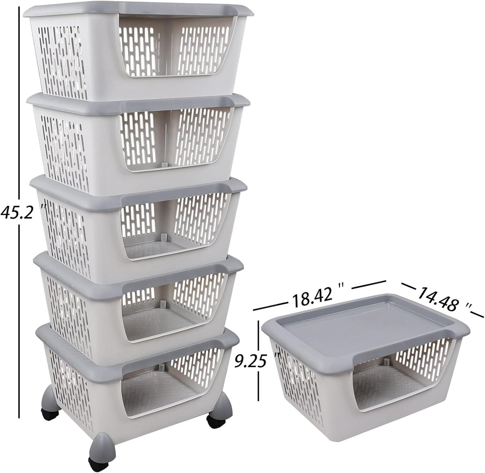5-Tier Stacking Storage Basket Tower with Wheels, Plastic Open Stacking Baske...