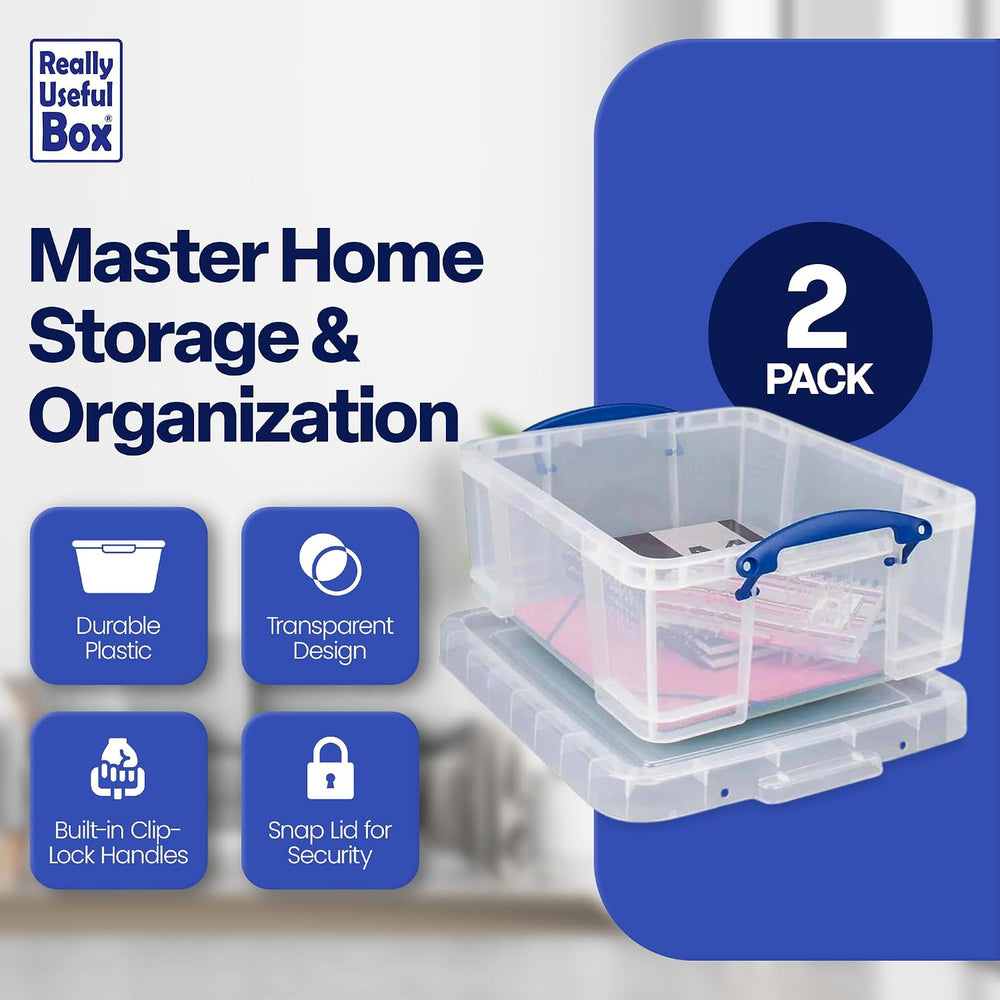 Really Useful Box 2 Pack 17L Plastic Storage Bins with Snap Lids and Clip Loc...